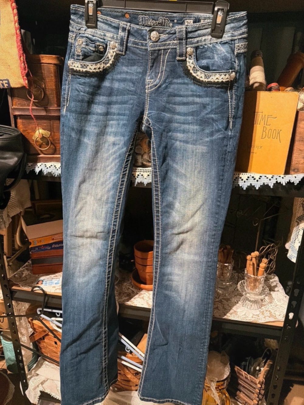 Miss Me Blue Boot-Cut Jeans with Embroidered Pocket Trim